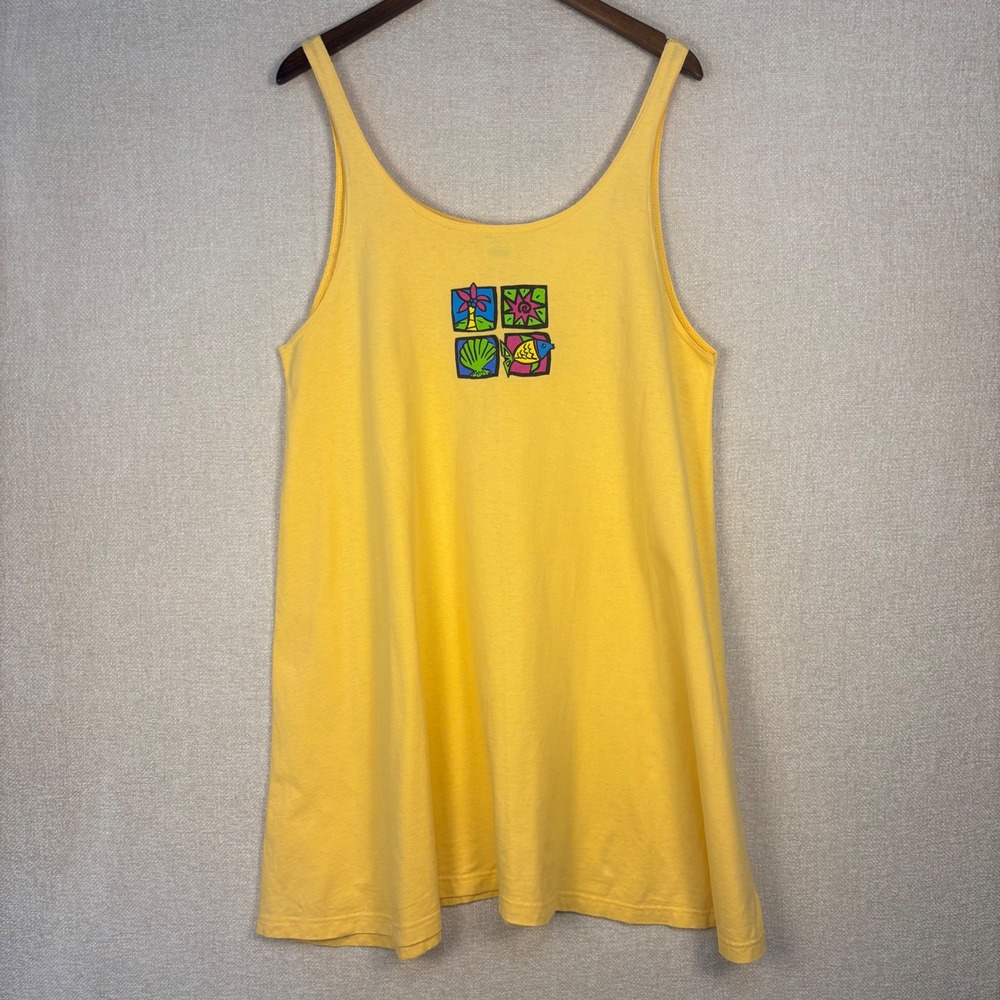 Beach Bound Yellow Cotton Tank Dress Beach Coverup Tropical Graphic USA L/XL